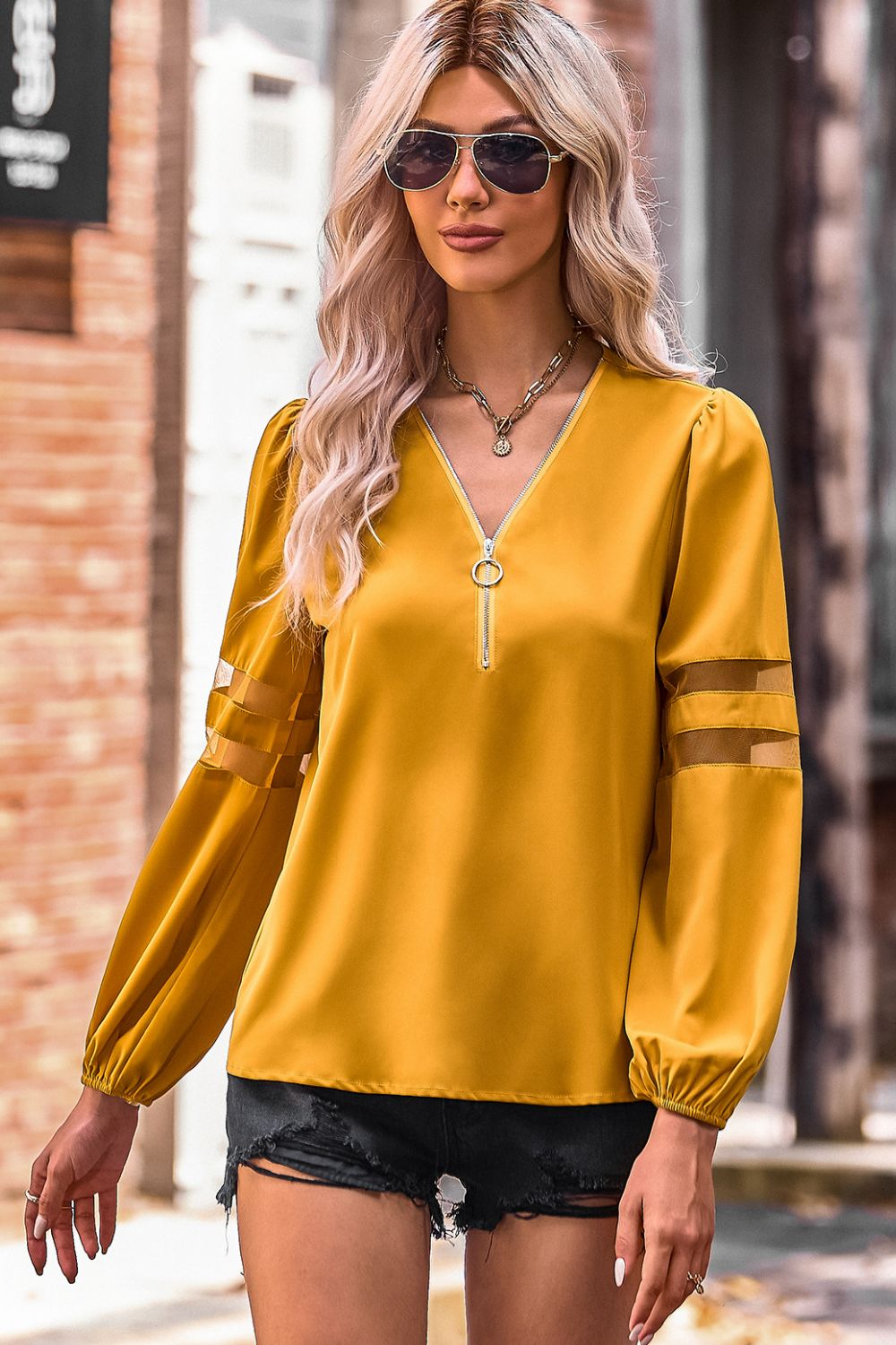 Zip Up V-Neck Puff Sleeve Top