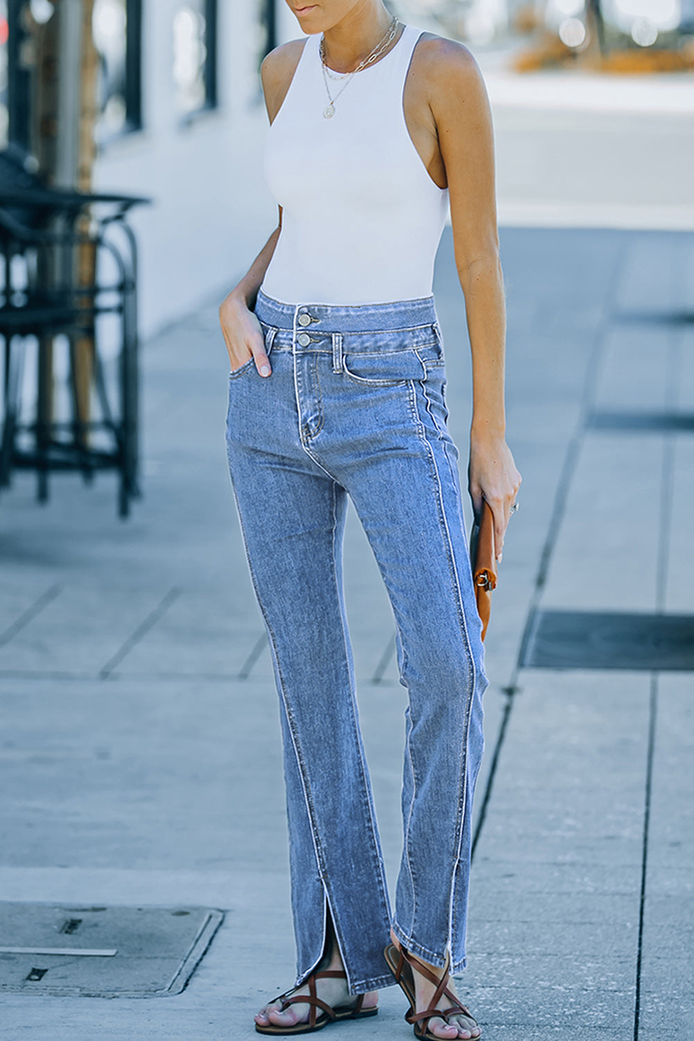 High Waist Seam Detail Slit Flare Jeans