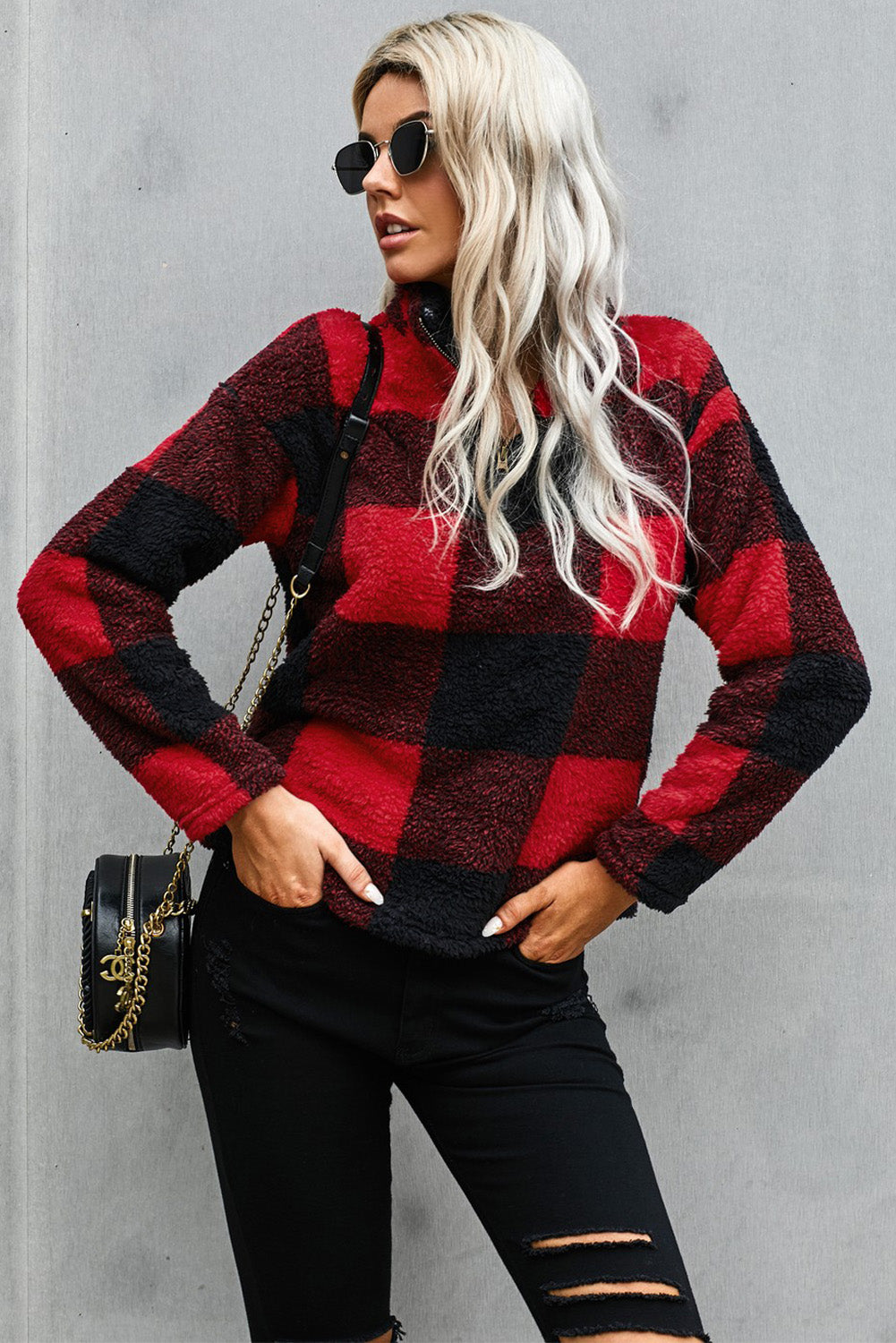 Plaid Zip Collar Plush Pullover Sweatshirt