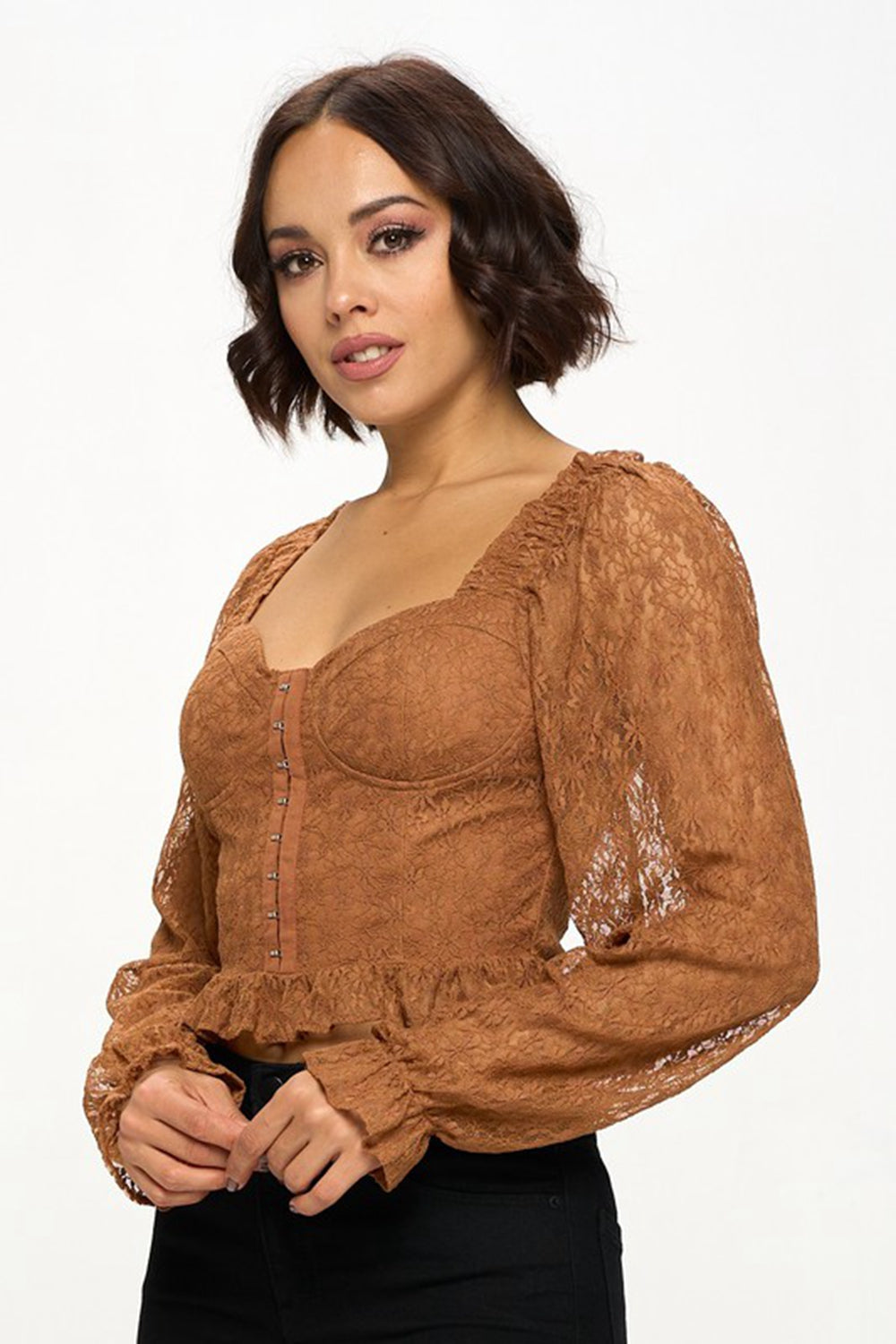 Chocolate USA Lace Corset Flounce Sleeve Cropped Top