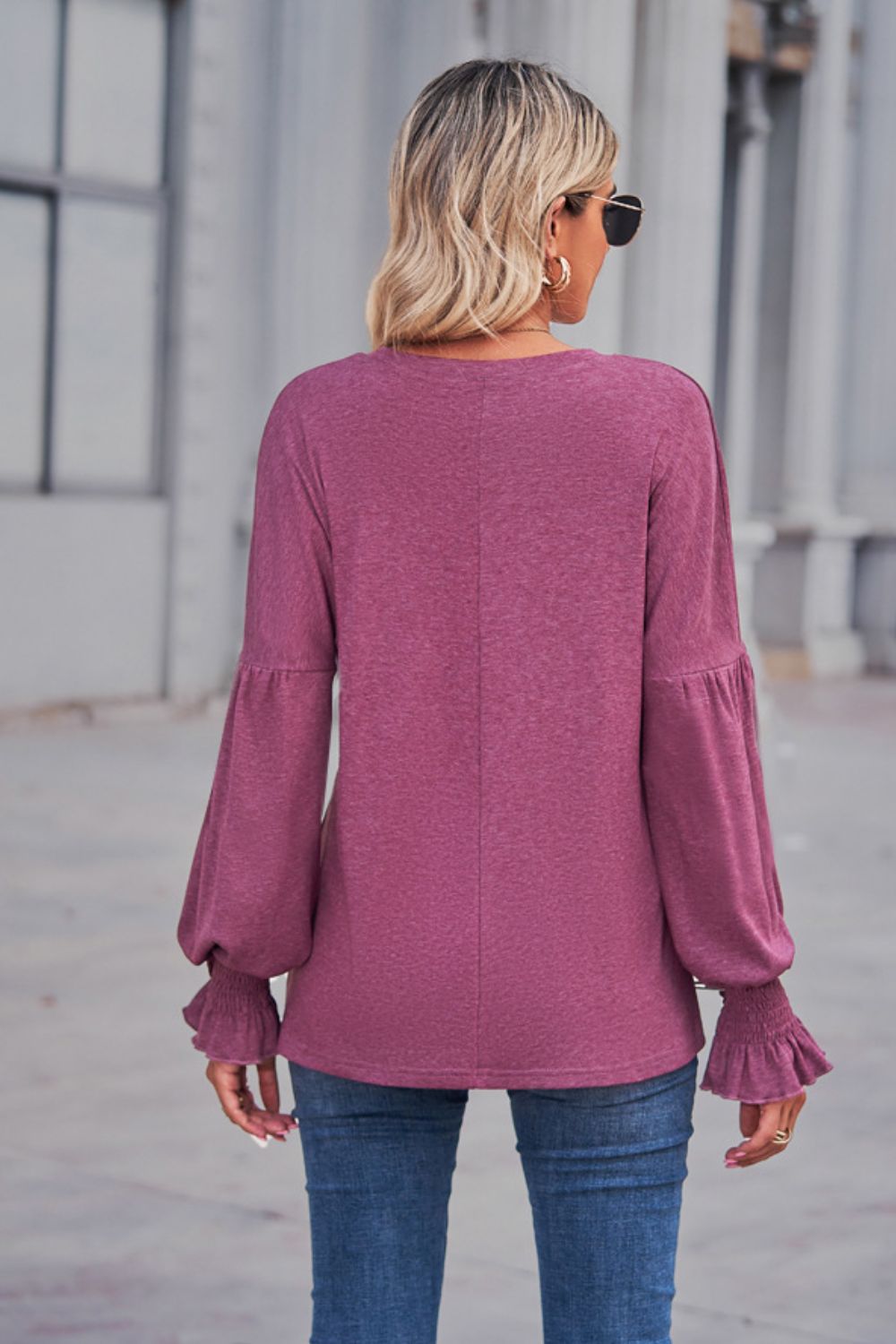 Long Flounce Sleeve Round Neck Top