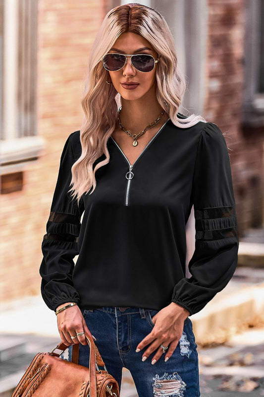 Zip Up V-Neck Puff Sleeve Top