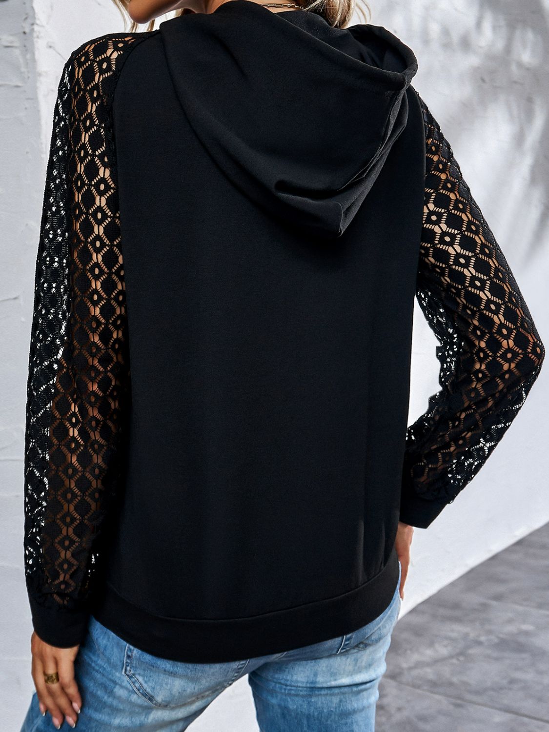 Lace Raglan Sleeve Drawstring Detail Hoodie