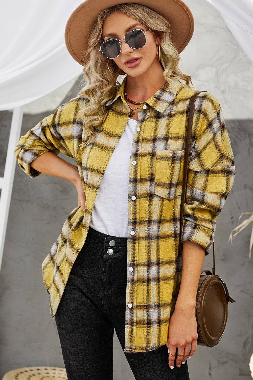 Plaid Dropped Shoulder Pocketed Shirt