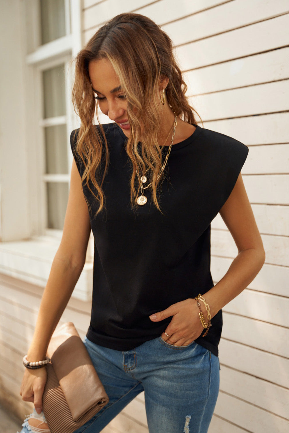 Structured Shoulders Round Neck T-Shirt