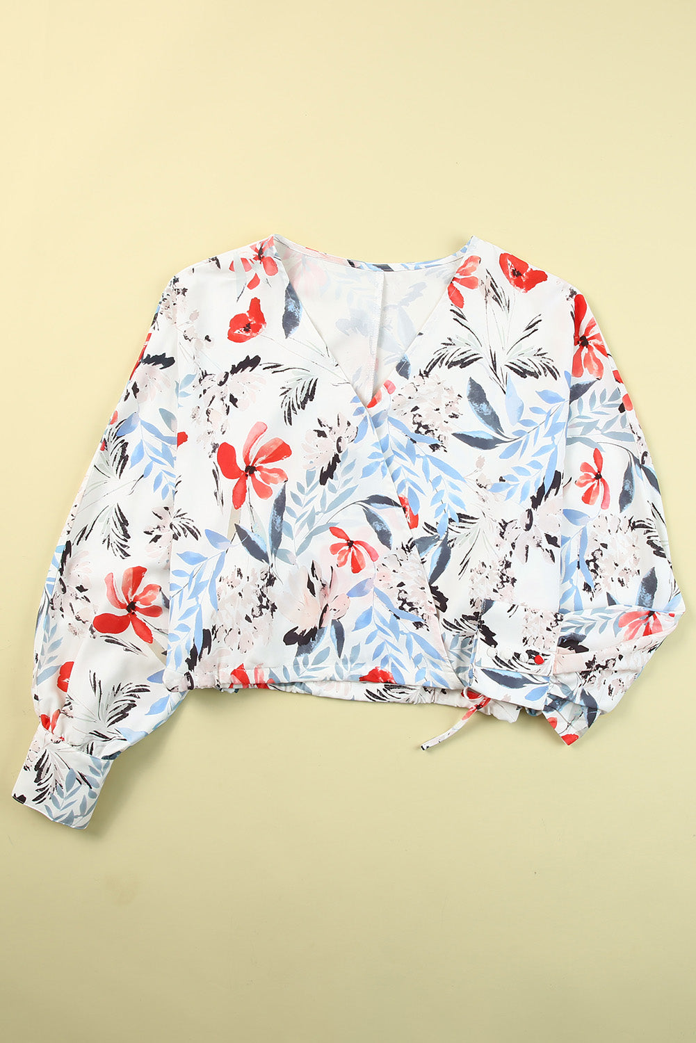 Floral Drawstring Hem Cropped Blouse