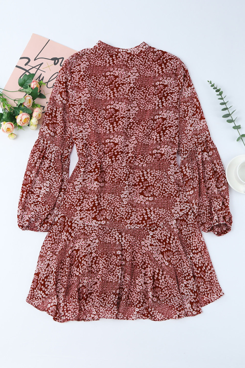 Floral Buttoned Puff Sleeve Tiered Dress