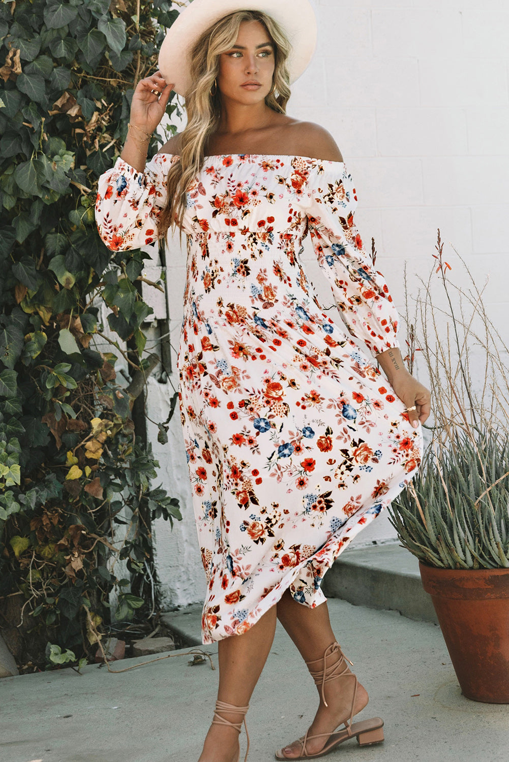 Floral Off-Shoulder Smocked Midi Dress