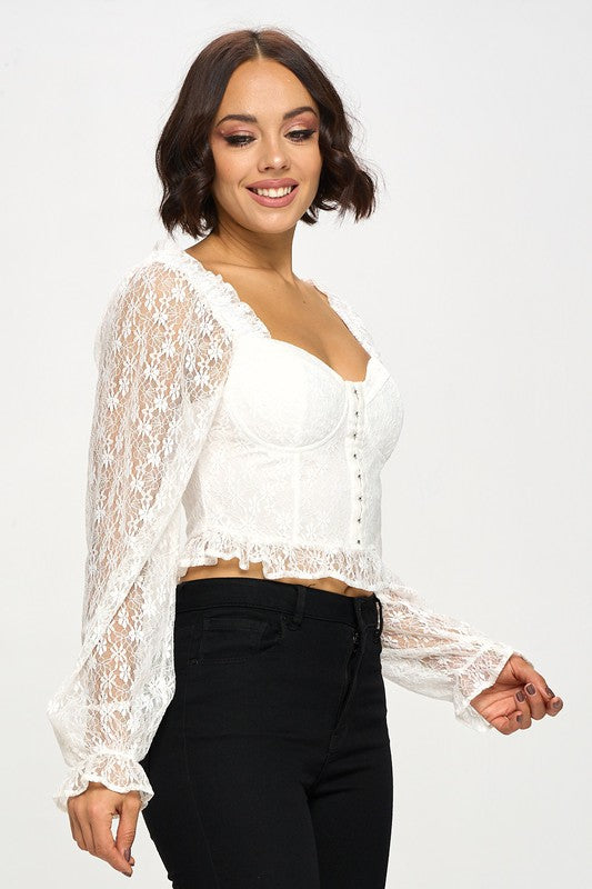 Chocolate USA Lace Corset Flounce Sleeve Cropped Top